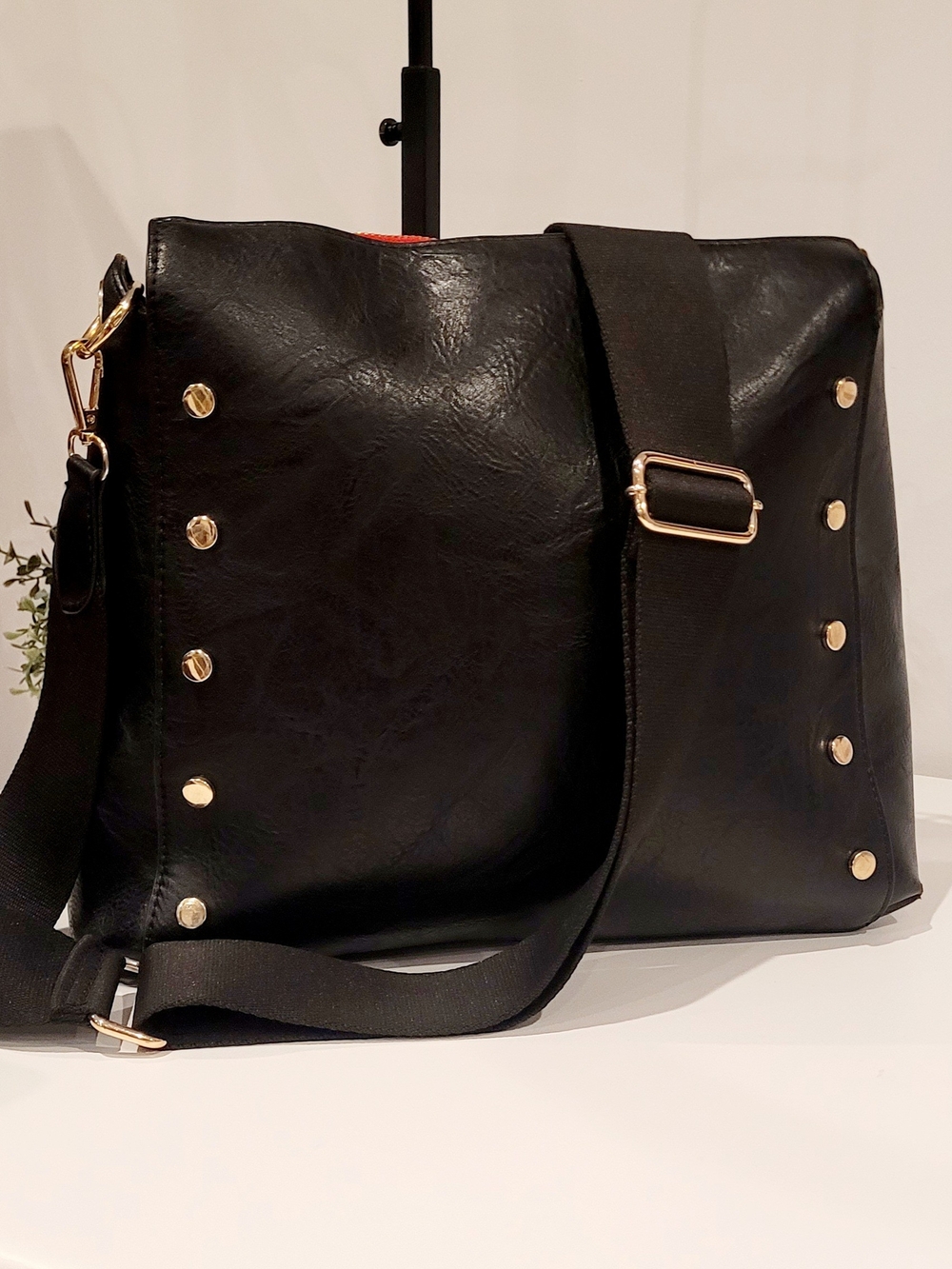 Black Studded Shoulder Crossbody Bag with Gold Hardware